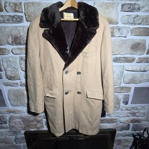Vintage Grais Men's Camel Wool Car Coat Faux Fur Collar Double Breasted Size 38